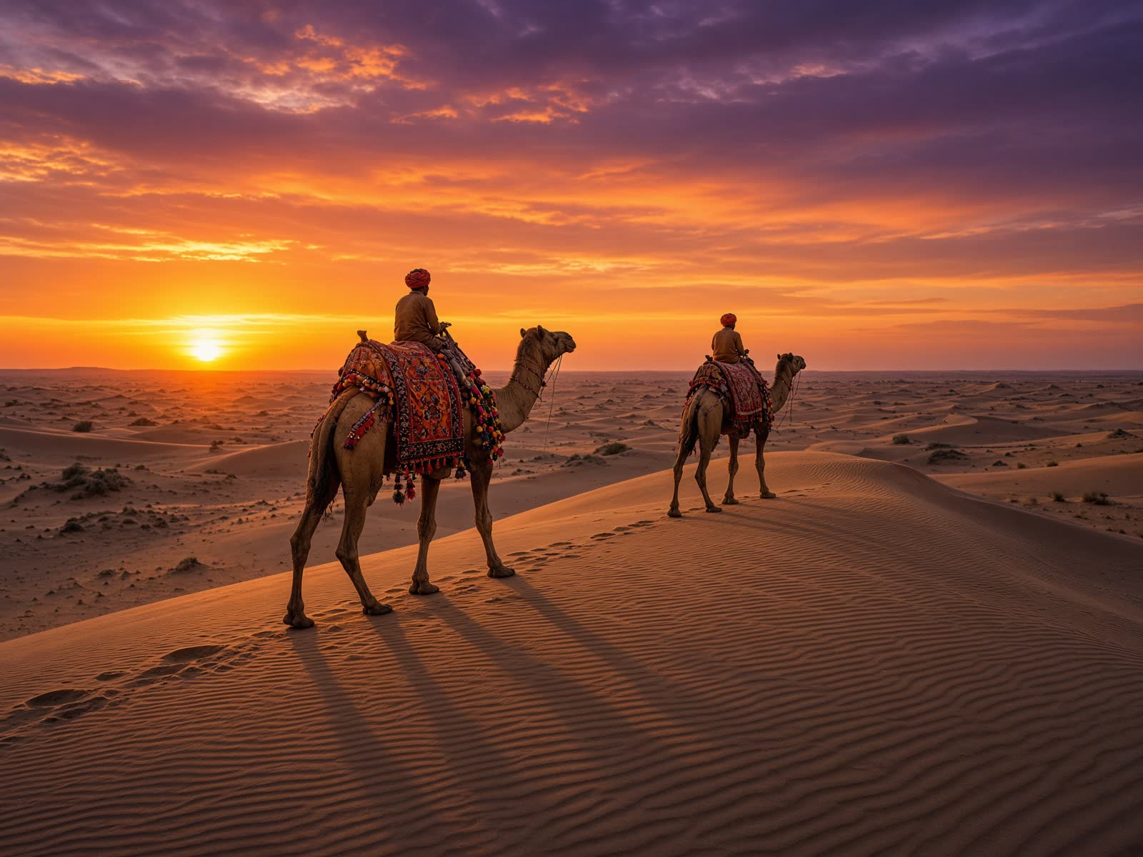 Camel safari at sunset in Thar Desert Jaisalmer